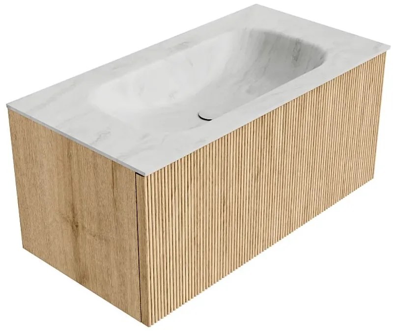 Mondiaz Kurve-dlux 90cm badmeubel oak met 1 lade en wastafel big small midden 1 kraangat opalo