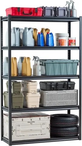 VEVOR Garage-stellingkast, 1361 kg, boutloze stelling, kelderstelling, zware, verstelbare metalen opbergkast, 5 lagen, 457,2 x 1219,2 x 1981,2 mm, opbergkast, voor keuken, werkplaats, kelder, magazijn, zwart