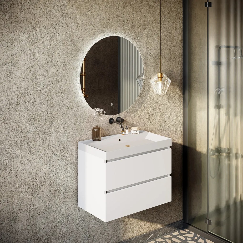 Fontana Kolo wastafelmeubel mat wit 80cm mat witte wastafel 0 kraangaten met ronde spiegel