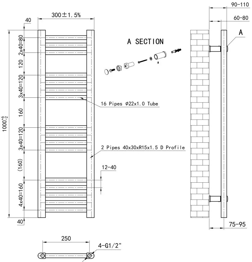 Eastbrook Wendover handdoekradiator 30x100cm 320W antraciet mat