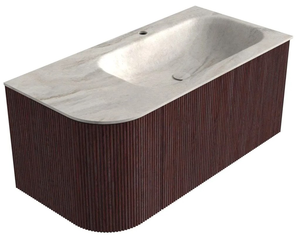 Mondiaz Kurve-dlux 95cm badmeubel ronding links ruby met 1 lade en deur en wastafel big small kraangat rechts ostra