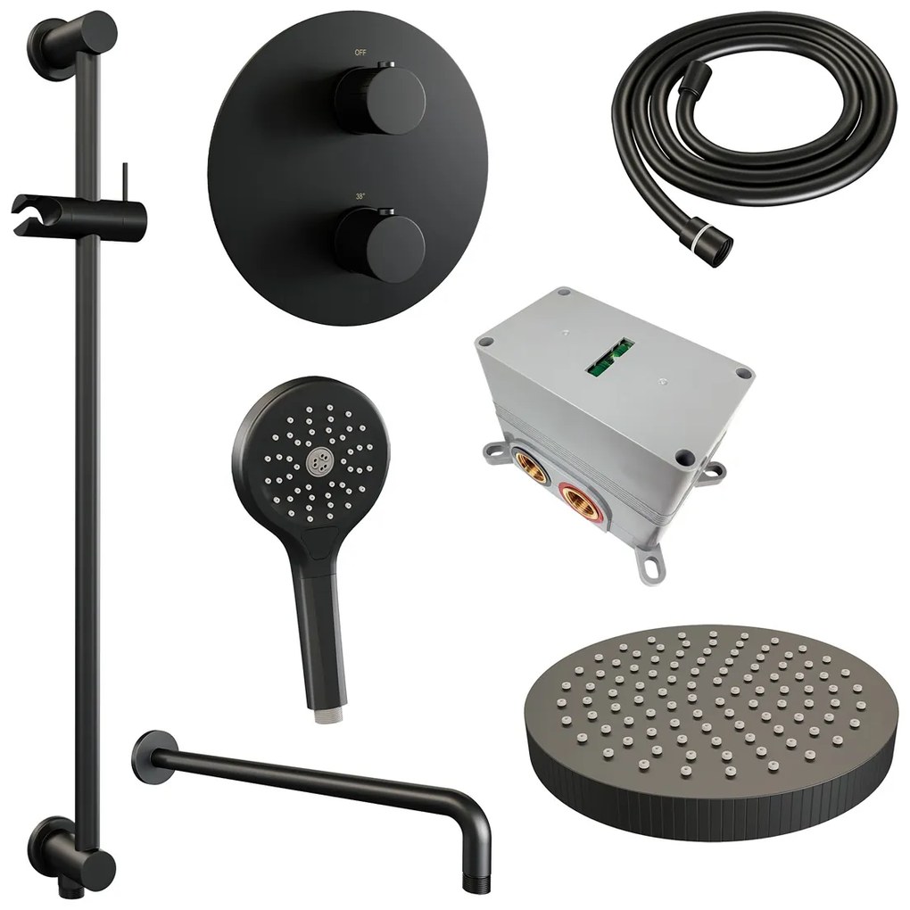 Brauer Stripe inbouw regendouche rond met 25cm hoofddouche, rond met gebogen muurarm, glijstang en 3 standen handdouche set 47 zwart mat