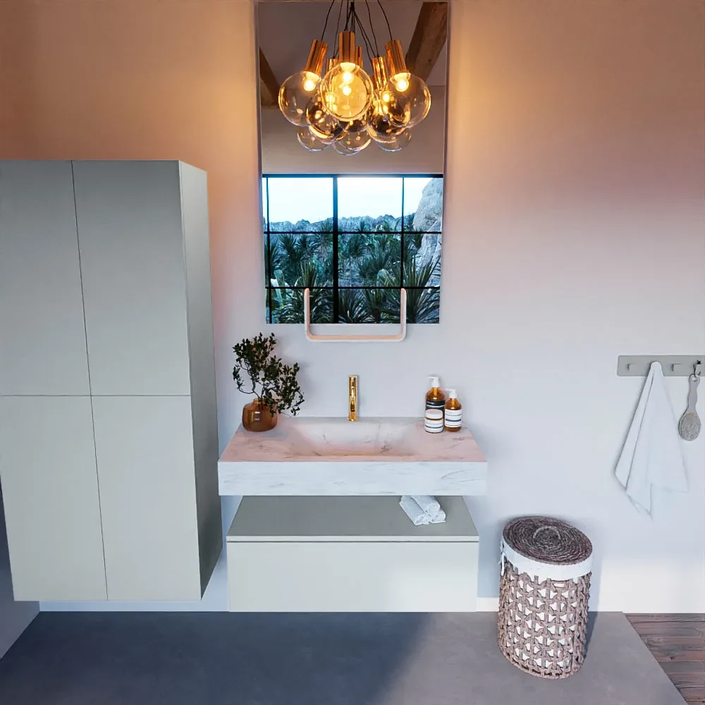 Mondiaz Alan DLux badmeubel 90cm clay 1 lade met wastafel opalo midden 1 kraangat
