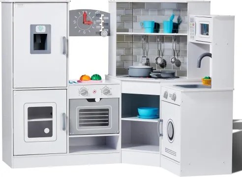 VEVOR Houten Hoekkeuken Speelgoedset met Lichten en Geluiden, Peuterkeuken met IJsmachine, Oven, Spoelbak, Klok, Magnetron, Koelkast en Accessoires, voor Peuters, Kleuters, Wit