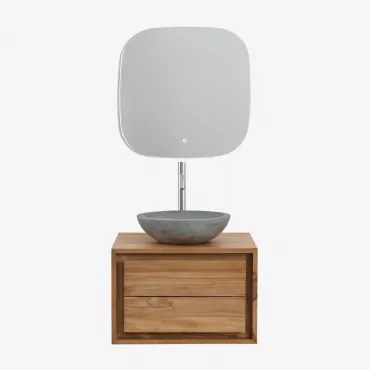 Jabari Teakhouten Badkamermeubelset Teakhout & Rond Grijs Cement Ø40 Cm Tarsis & Vierkant Led En Anticondens 75x75 Cm Tobie & Geborsteld - Sklum