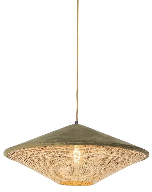 Stoffen Eettafel / Eetkamer Landelijke hanglamp groen velours met rotan 60cm - Frills Can Landelijk / Rustiek,Oosters E27 rond Binnenverlichting Lamp