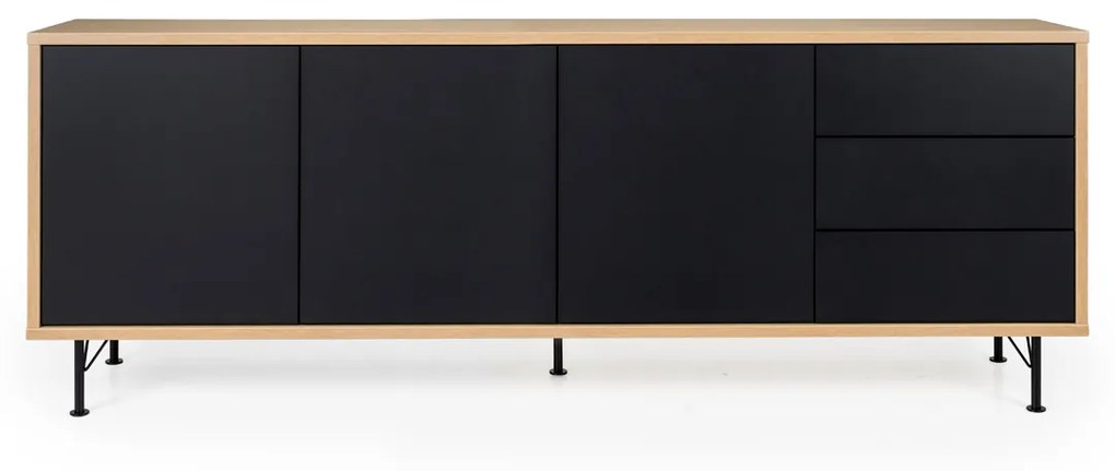 Tenzo Flow Groot Dressoir Mat Zwart Eiken - 206x44x79cm.