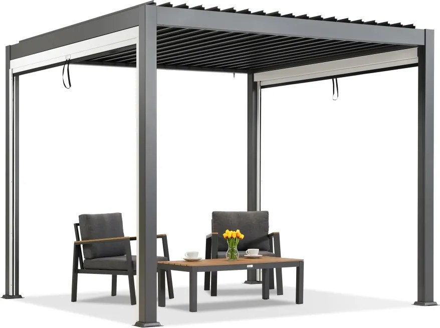 Lagos 3x3 vrijstaande terraspergola met rolluiken aan twee zijden Garden Point antraciet en wit