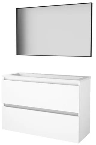 Basic-Line Framed 39 badkamermeubelset - 100x39cm - greeploos - 2 lades - acryl wastafel - 2 kraangaten - Spiegel - mat zwart aluminium frame - rondom - MDF lak Ice White 1813819