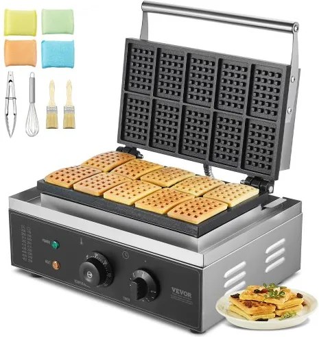 VEVOR Commercieel Wafelijzer 1550W Antiaanbak Wafelijzer van Roestvrij Staal met Temperatuur- en Tijdsregeling, Handvat, voor Restaurant, Bakkerij, Snackbar Familie 10 Rechthoekige Wafels