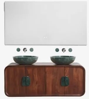 Dubbel Zwevend Badkamermeubelset 130x45 Cm Van Mangohout En Natuurlijke Kivalina-steen Rectangular Led And Antifog 140x75 Cm Riben & Groen Marmer Uit