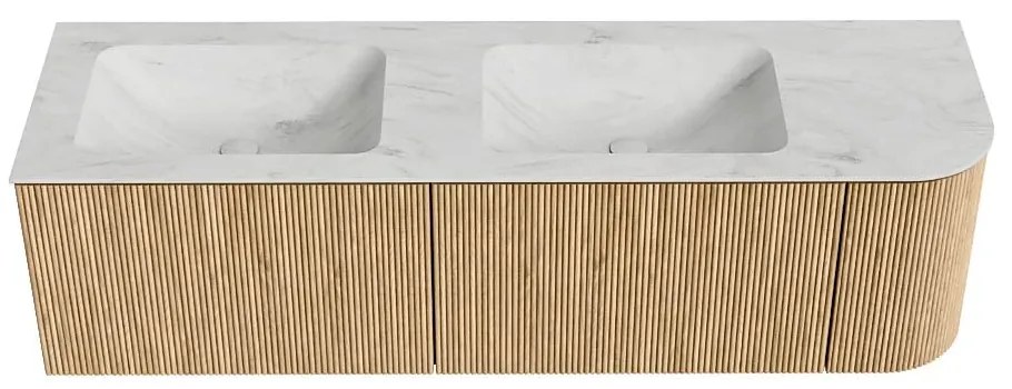 Mondiaz Kurve-dlux 155cm badmeubel ronding rechts oak met 2 lades en 1 deur en wastafel leaf dubbel/links 2 kraangaten opalo
