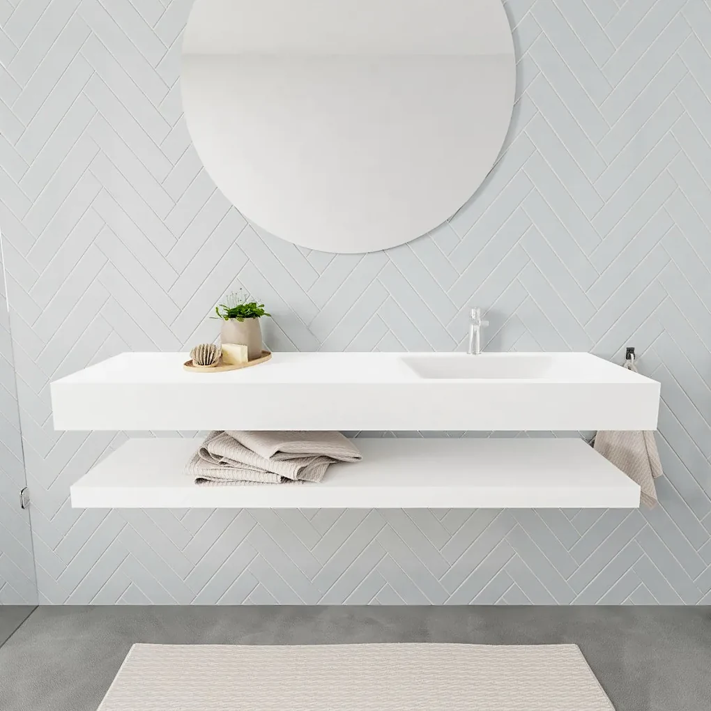 Zaro ALAN vrijhangende wastafel 150cm met wasbak Enkel rechts en solid suface planchet in kleur Wit mat 0 lade(s)