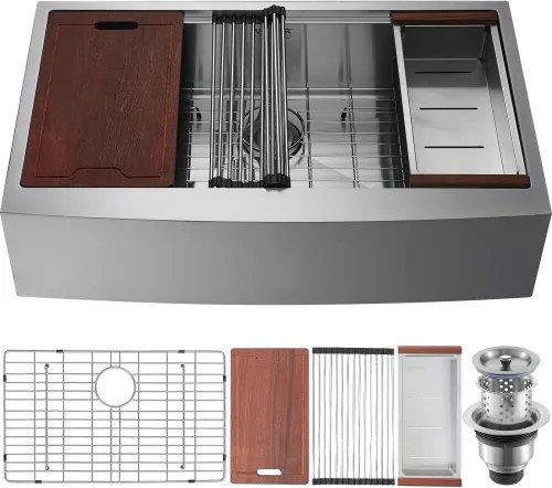 VEVOR Farmhouse Keuken Spoelbak, Ingebouwde Spoelbak 304 Roestvrij Staal, Ingebouwde Keuken Spoelbak met Snijplank &amp; Afdruiprek &amp; Zeef, Huishoudelijke Spoelbak Enkele Kom 762 x 558,8 x 228,6 mm Keuken Werkstation