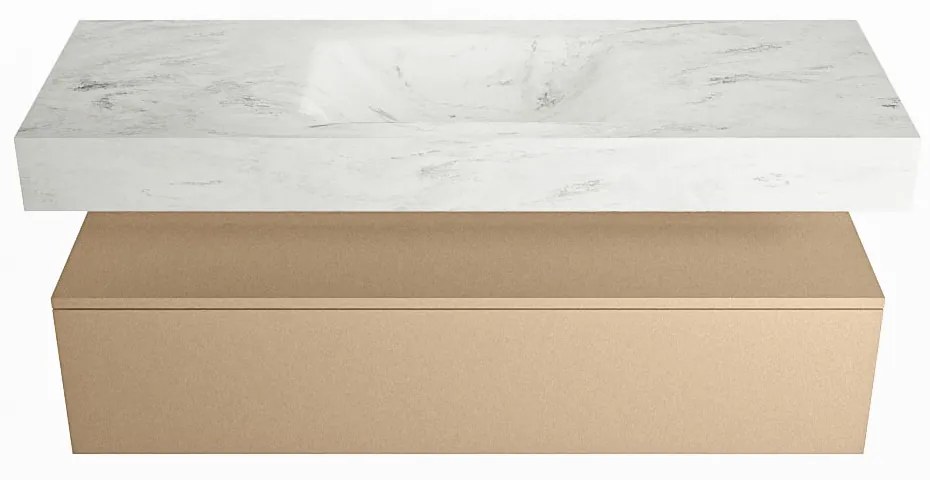 Mondiaz Alan DLux badmeubel 130cm oro 1 lade met wastafel opalo midden zonder kraangat