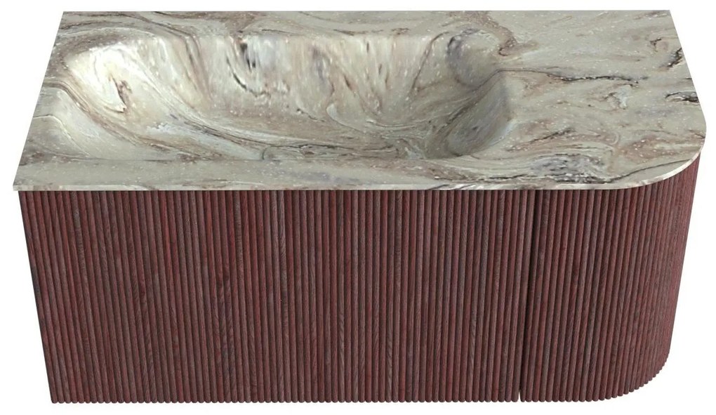 Mondiaz Kurve-dlux 95cm badmeubel ronding rechts ruby met 1 lade en deur en wastafel big small links zonder kraangat glace