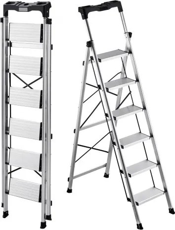 VEVOR 6-treden vouwladder met antislip treden en comfortabele handgreep, huishoudladder met een draagvermogen van 150 kg, aluminium veiligheidsladder voor keuken, magazijn, huis en kantoor, zilverkleurig