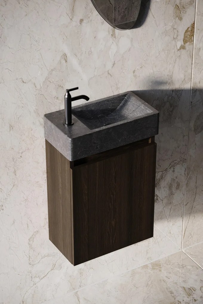 Fontana Recto toiletmeubel kasteel bruin 40x22cm met natuurstenen fontein links