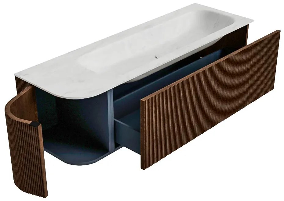 Mondiaz Kurve-dlux 145cm badmeubel ronding links walnut met 1 lade en deur en wastafel big large kraangat rechts opalo
