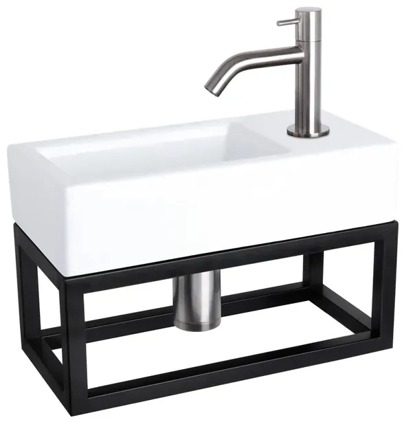 Differnz Ravo fonteinset - 38.5x18.5x25cm - Rechthoek - 1 kraangat - Gebogen matte chromen kraan - met zwart frame - Keramiek Wit 38.401.82