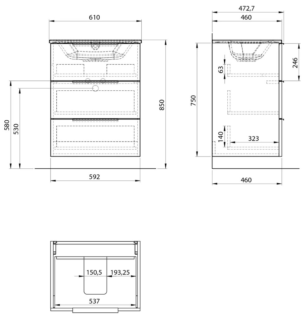 Sapho Cirasa badmeubel 60cm met 3 lades eiken met witte wastafel