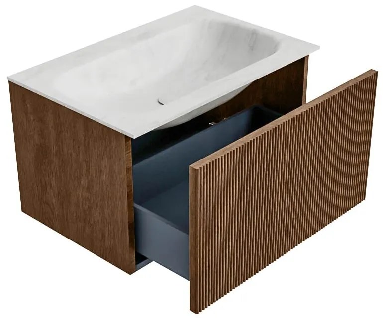 Mondiaz Kurve-dlux 70cm badmeubel walnut met 1 lade en wastafel big small midden 1 kraangat opalo
