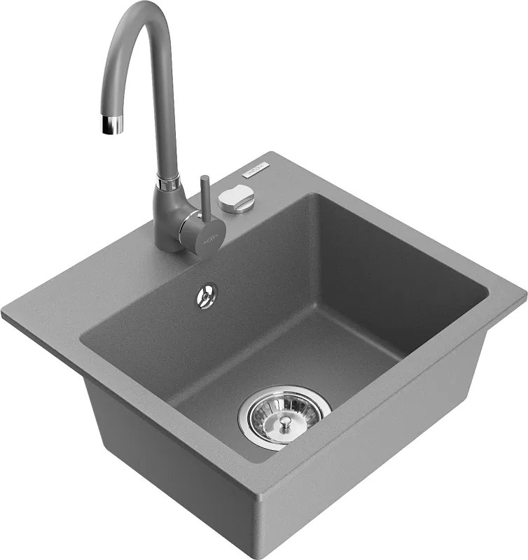 Mexen Milo granitische spoelbak 1-kompartment met keukenkraan Telma, grijs - 6505-71-670200-71