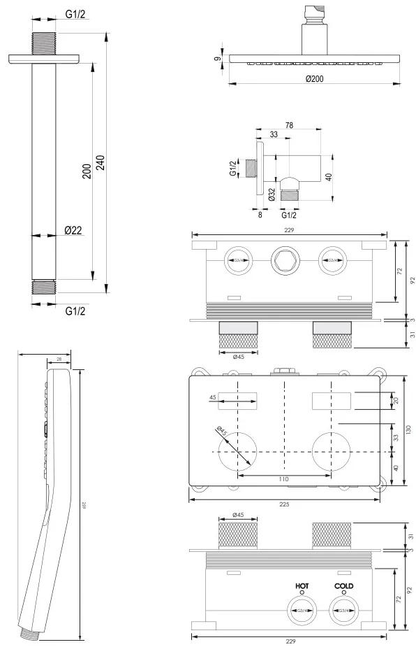 Brauer Chrome Carving thermostatische inbouw regendouche met 3 standen handdouche, plafondarm en hoofddouche 20cm set 59 chroom