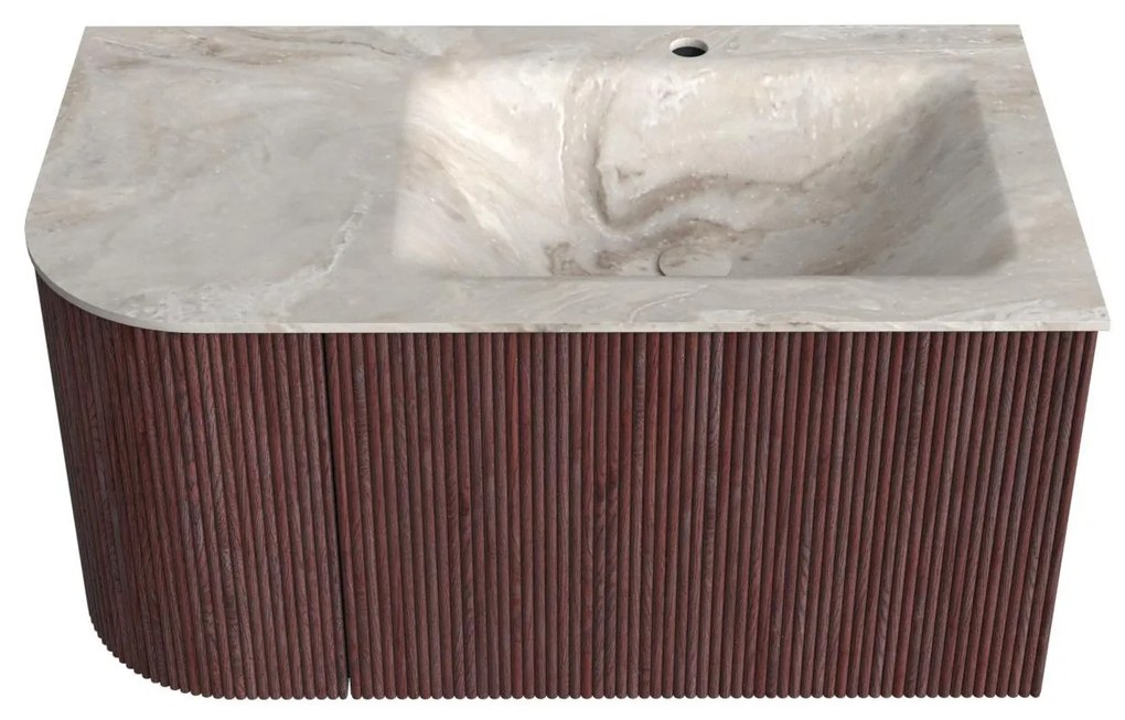 Mondiaz Kurve-dlux 85cm badmeubel ronding links ruby met 1 lade en deur en wastafel cloud kraangat rechts frappe