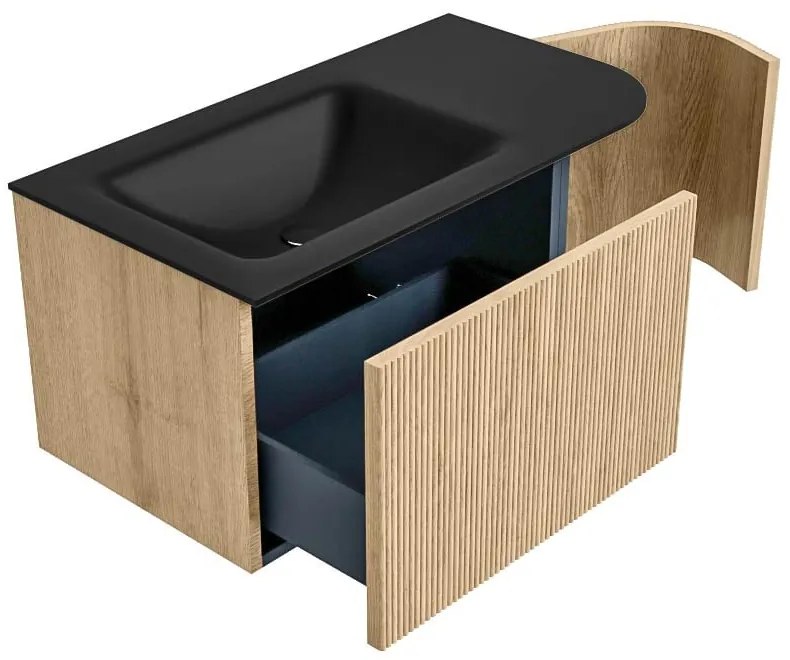 Mondiaz Kurve 85cm badmeubel ronding rechts oak met 1 lade en deur en wastafel cloud links zonder kraangat urban