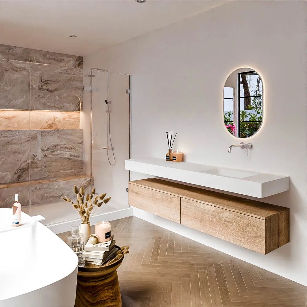 Zaro Alan badmeubel 190cm washed oak 2 lades met vrijhangende wastafel cloud rechts zonder kraangat talc