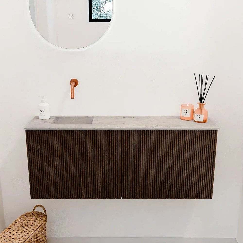 Mondiaz Joya DLux 100cm toiletmeubel walnut met wastafel faye links zonder kraangat glace