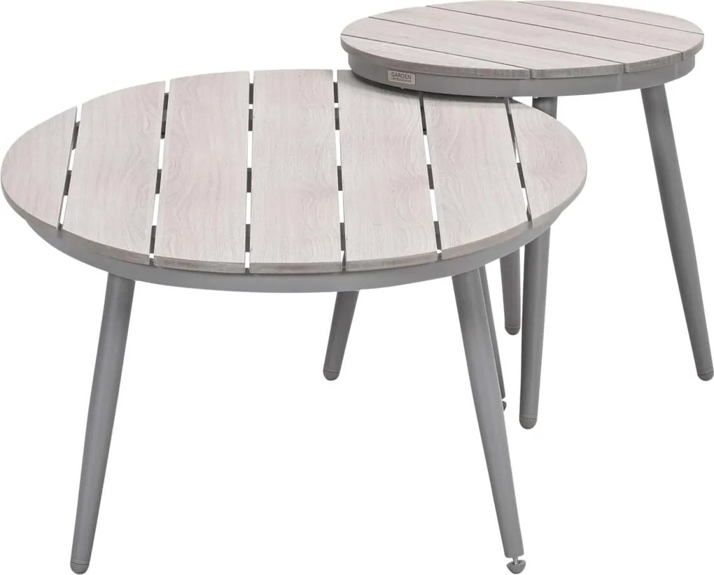 Garden Impressions Lucas bijzettafels taupe - teak look - Ø50x48 cm & 120x75x45 cm