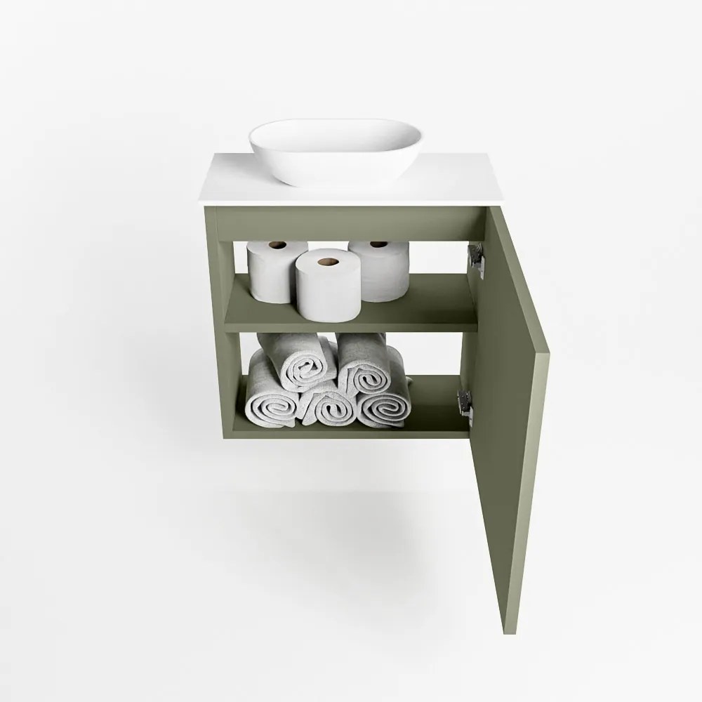 Mondiaz Fowy toiletmeubel 50cm army met witte waskom links en kraangat