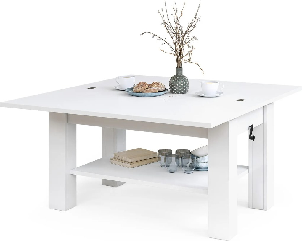BRAVO wit – uitschuifbare en in hoogte verstelbare salontafel, tafel met plank
