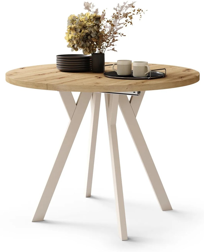 ALDO 100 Eiken Artisan/Beige poten - RONDE LOFT/INDUSTRIËLE TAFEL VOOR WOONKAMER/EETKAMER, UITSCHUIFBAAR