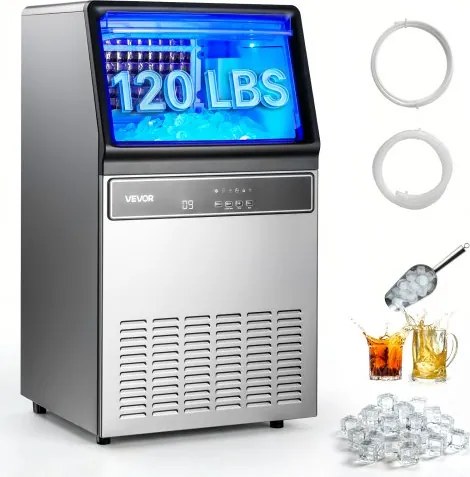 VEVOR Commerciële IJsmachine, IJsblokjesmaker, Capaciteit 59 kg/dag met 15 kg opslag, Vrijstaande en Onderbouw IJsblokjesmaker van roestvrij staal met LED-display en Zelfreinigend.