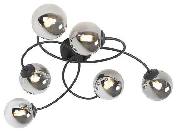 Moderne plafondlamp zwart 6-lichts met smoke glas - Athens
