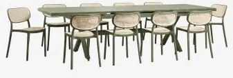 Set Van Uitschuifbare Rechthoekige Tafel 240-300x100 Cm In Aluminium Karena En 10 Stapelbare Tuinstoelen Van Polypropyleen Omara Groen – Intens Olijf