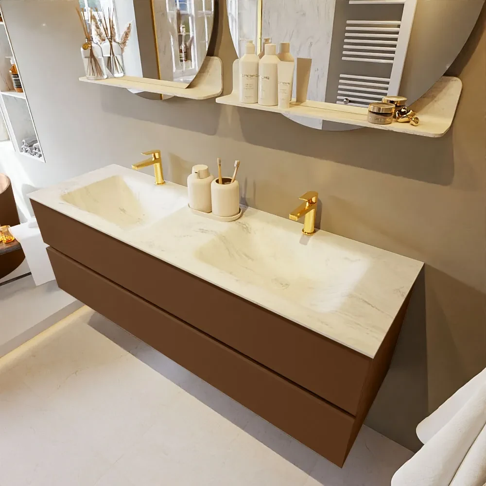 Mondiaz Vica DLux badmeubel 150cm rust 2 lades met wastafel opalo dubbel 2 kraangaten