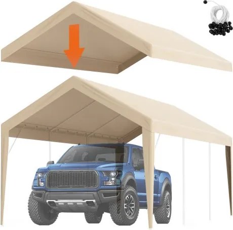 VEVOR Carport Garage Tent, 3 x 6 m, Garage Daktent, Waterdicht en UV-bestendig, Eenvoudige installatie met spanbanden, Beige (Alleen dakbedekking, frame niet inbegrepen)