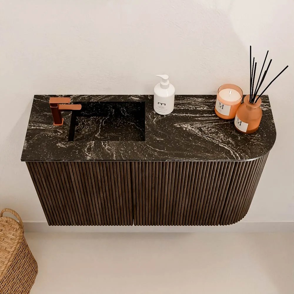Mondiaz Joya DLux 70cm toiletmeubel ronding rechts walnut met wastafel faye links 1 kraangat lava