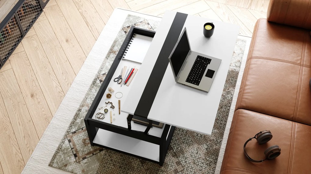 LUSSO Wit Mat/Zwart Mat - MODERNE SALONTAFEL MET VERHOOGD BLAD + OPBERGRUIMTE + SCHAP (OP WIELEN!)