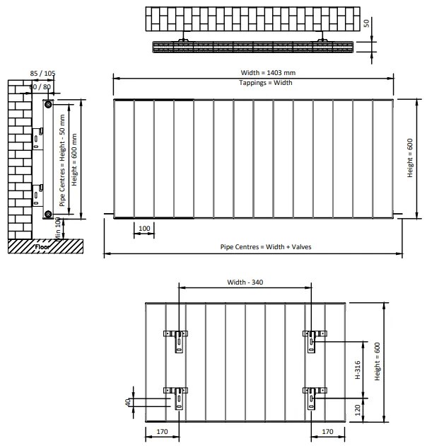 Eastbrook Vesima radiator 140x60cm aluminium 1844W antraciet