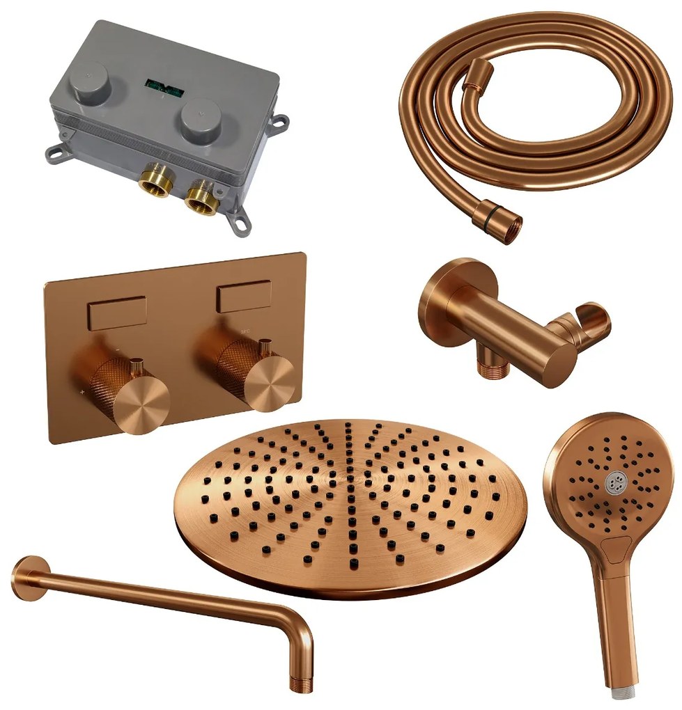 Brauer Copper Carving thermostatische inbouw regendouche met 3 standen handdouche, gebogen muurarm en hoofddouche 30cm set 58 koper geborsteld PVD