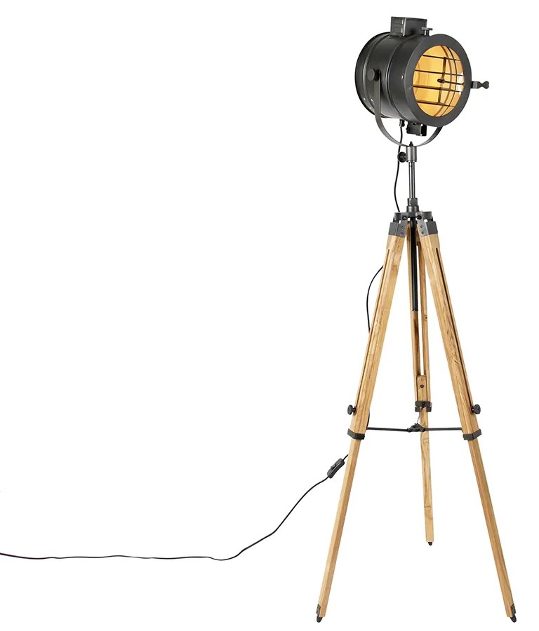 Tripod vloerlamp zwart met hout studiospot - Radient