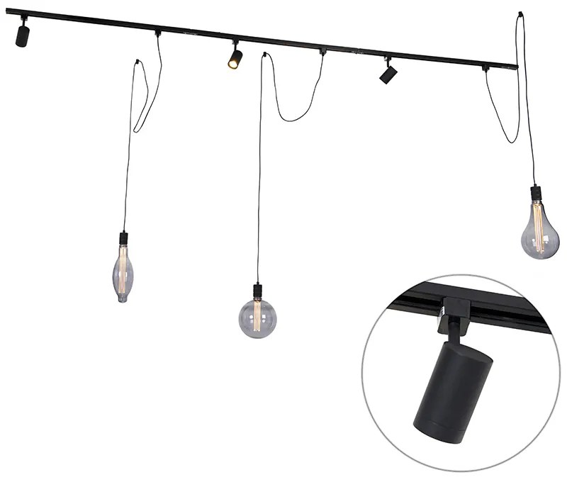 Modern railsysteem met 3 Spot / Opbouwspot / Plafondspots en 3 hanglampen zwart 1-fase - Iconic Cavalux Jeana Modern Minimalistisch E27 Binnenverlichting Lamp