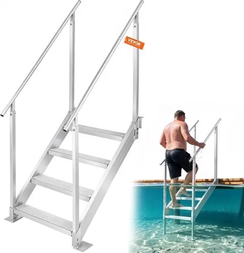 VEVOR 4-traps zwemtrap met twee leuningen, bootladder 800x1850x1750mm, zwembadladder van aluminiumlegering, trapladder, draagvermogen 250kg, pedalen 55x10cm, ideaal voor havens, boten, zwembaden