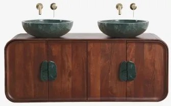 Dubbel Zwevend Badkamermeubelset 130x45 Cm Van Mangohout En Natuurlijke Kivalina-steen Spiegelloze & 2 X Orveta Geborsteld Gouden Inbouwafvoerklep Zon