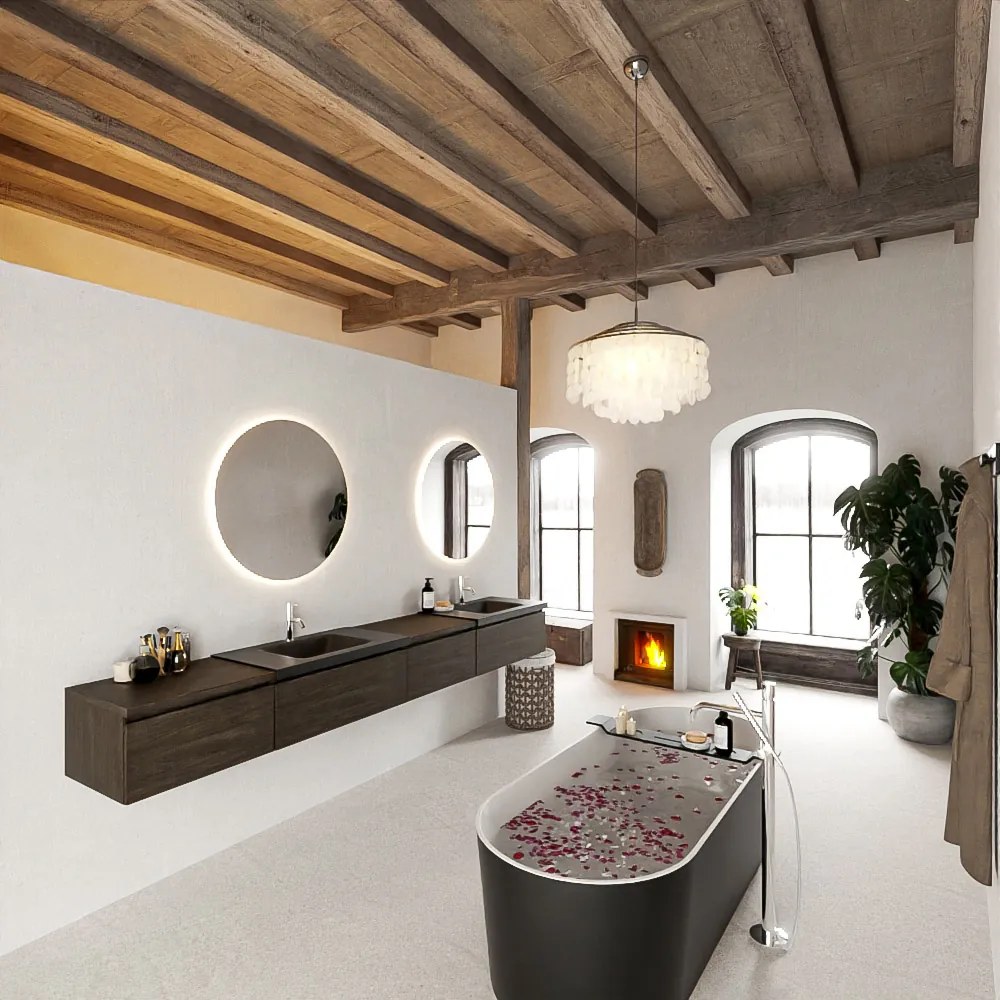 Mondiaz Bukla 280cm badmeubel met module 60 rechts Dark Brown met 4 lades wastafel Cloud dubbel 2 kraangaten Urban